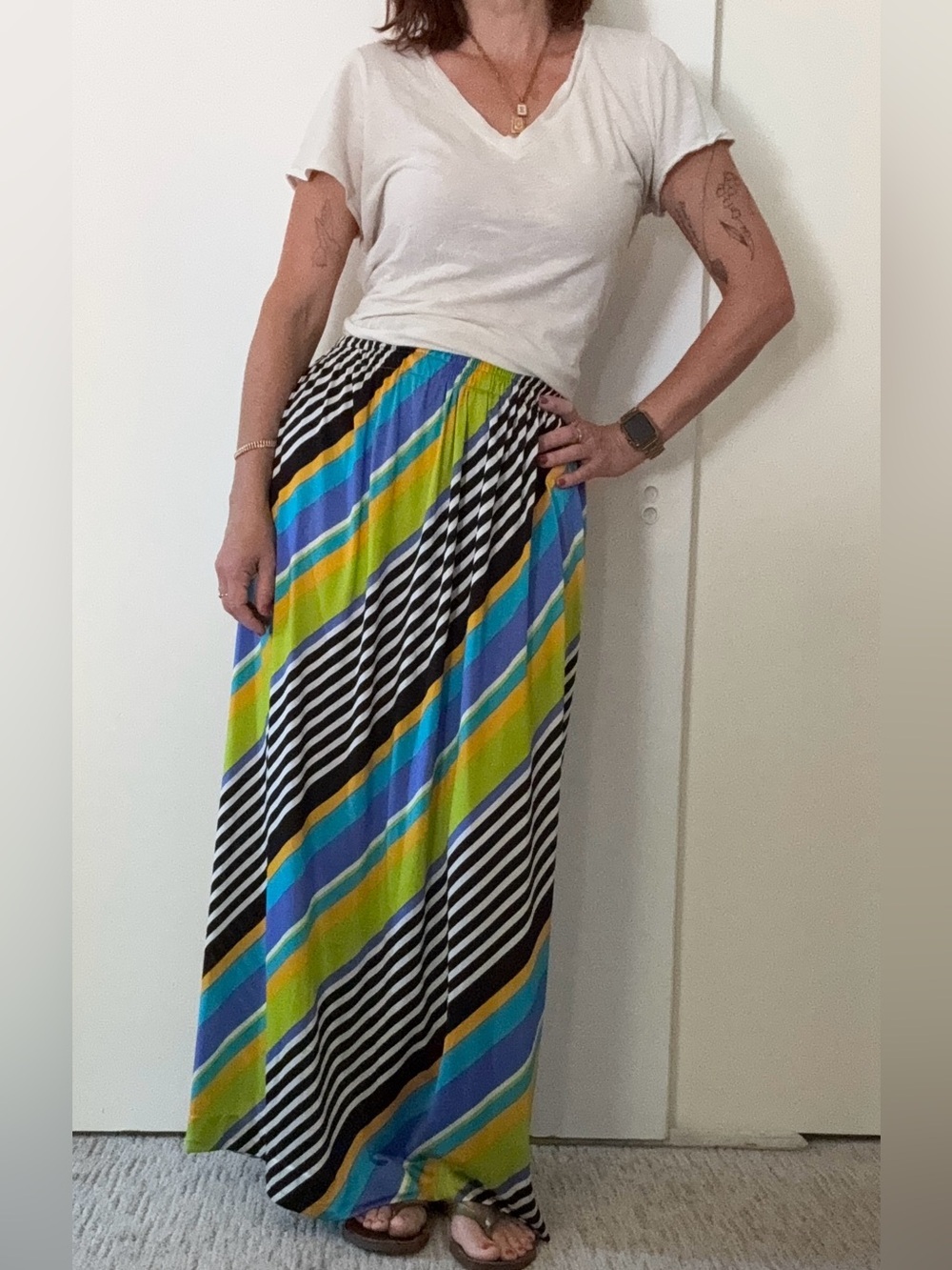 Gottex Vintage 70s - 80s Bright Striped Maxi Skirt Elastic Waist S/M